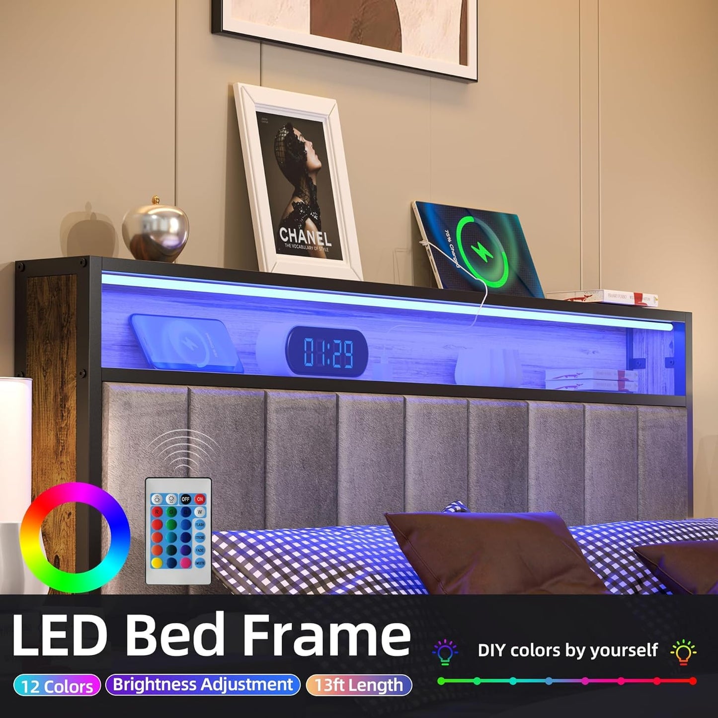 FSJianYi Queen Metal Bed Frame with Charging Station, LED Lights Headboard, Strong Metal Slats Support No Box Spring Needed Noise Free (Queen (U.S. Standard))