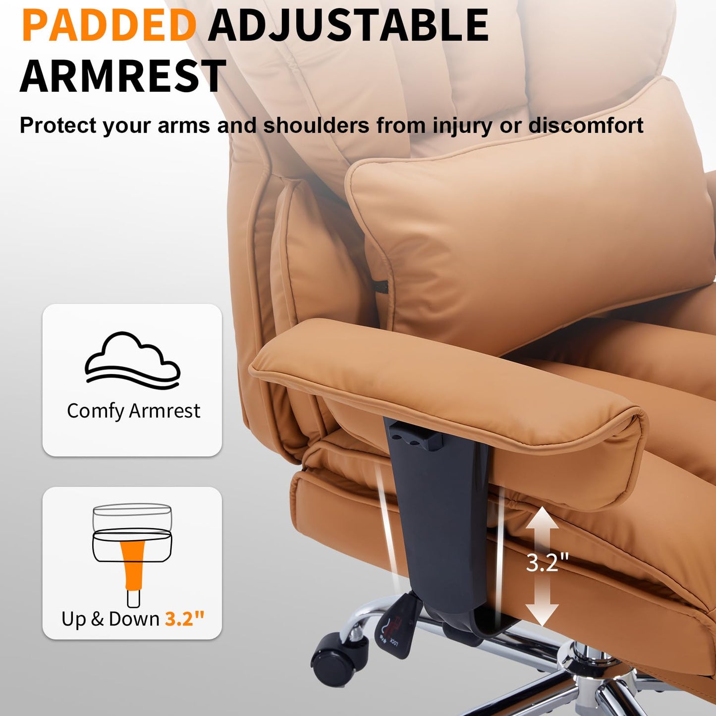 GarveeTech Big and Tall Office Chair with Footrest, 400lbs Executive Leather Office Chair, Ergonomic Gaming Chair for Adults, High Back Desk Chair with Lumbar Support, 150 Degree Reclining, Brown