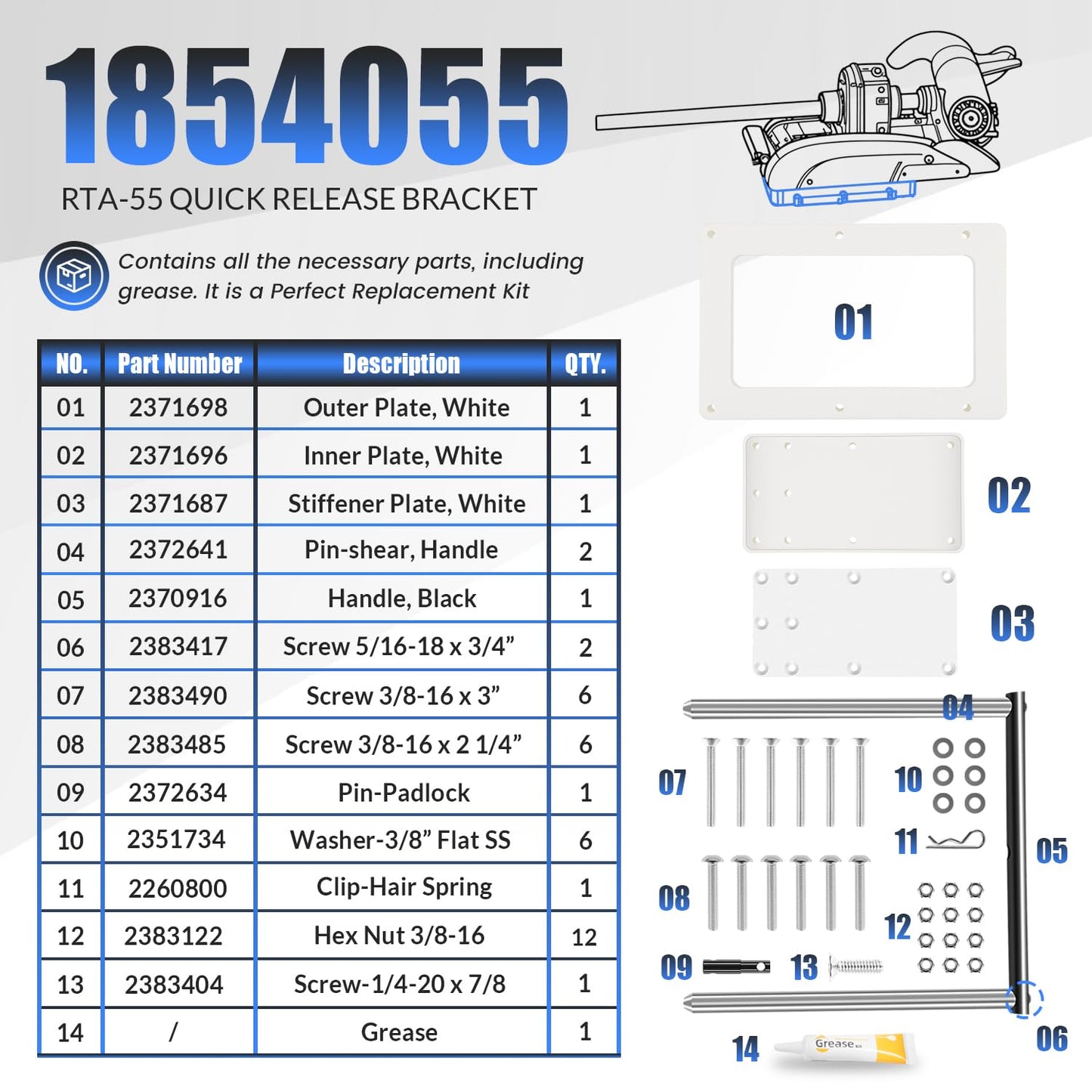 1854055 RTA-55 Quick Release Bracket, Fit for Minn Kota Riptide Instinct, Ulterra, Riptide Terrova, Terrova Quest Trolling Motor, Electric-Steer Trolling Motor Composite Release Bracket, White