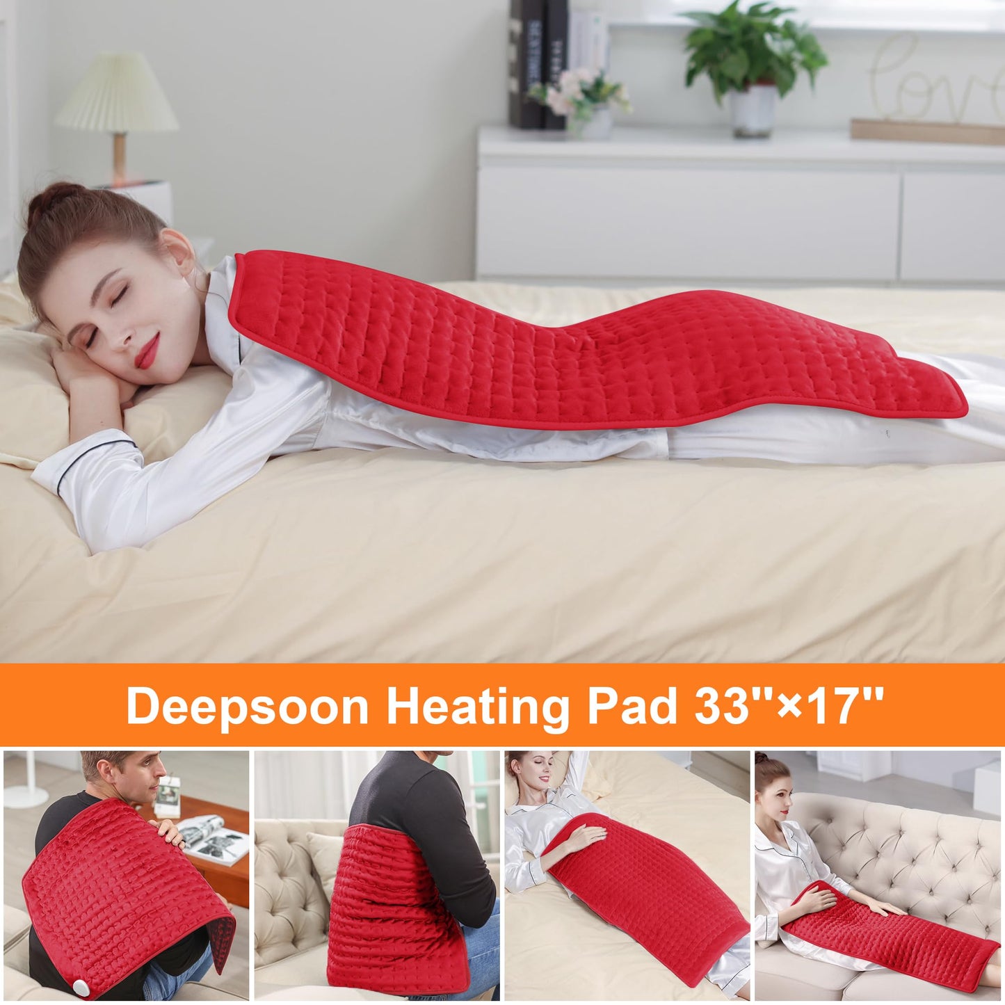 Deepsoon Heating Pad,Electric Heating Pads for Back,Neck,Abdomen,Moist Heating Pad for Shoulder,Knee,Arms,Legs,Dry/Moist Heat & Auto Shut Off,Christmas Gifts for Men and Women,Red,33x17 Inch
