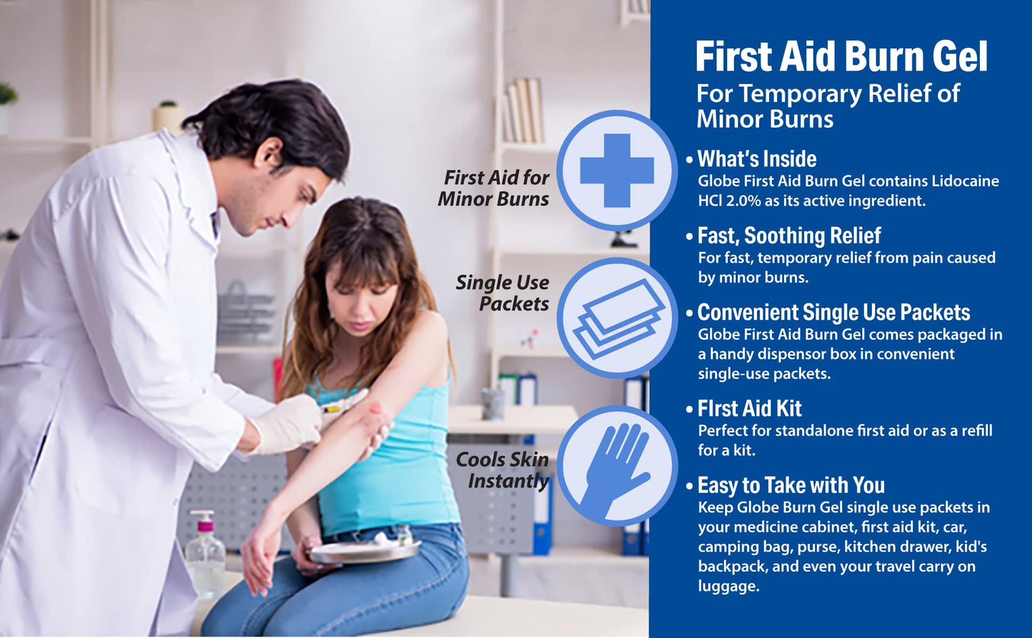 Globe First Aid Burn Gel with Aloe 0.9g Packets, (Box of 144) Advanced First Aid Gel for Temporary Relief of Minor Burns, Cuts, and Scrapes