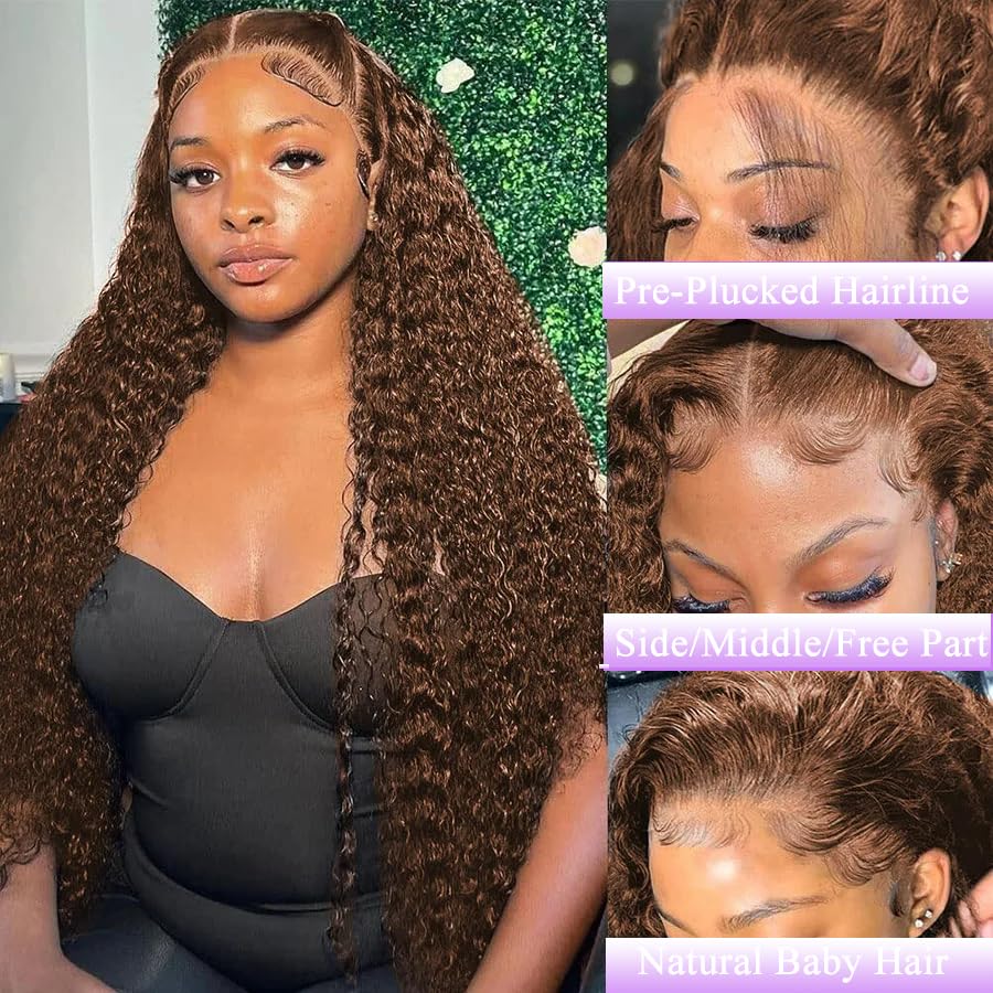 ABSFWIW 34" Chocolate Brown Lace Front Wig - Human Hair, 200% Density, 13x6 Deep Wave, Pre Plucked with Baby Hair