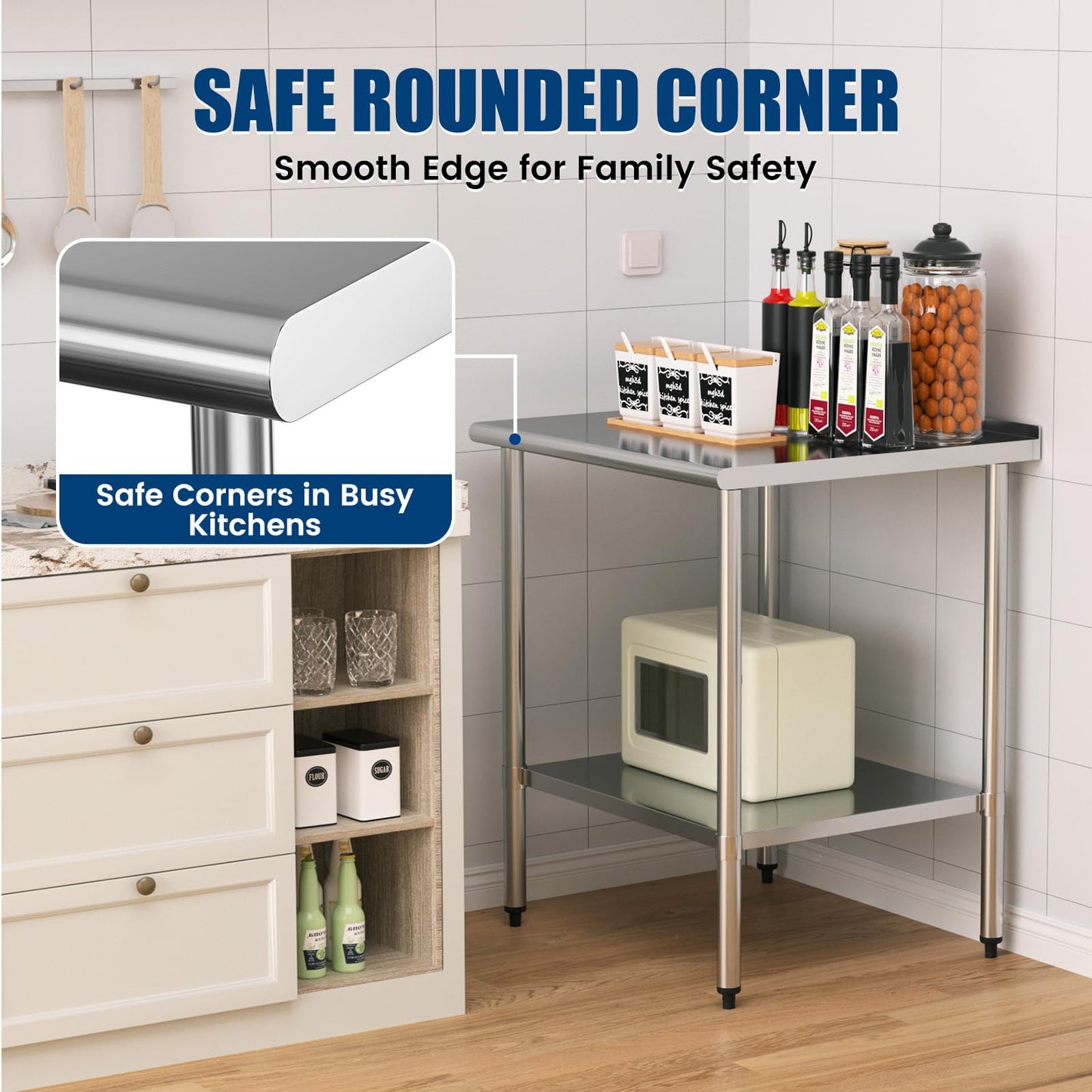 Chingoo Stainless Steel Work Table 30x30 Inch with Adjustable Undershelf & Backsplash, Heavy-Duty Prep Table for Commercial Kitchen, Restaurant, Garage, Outdoor