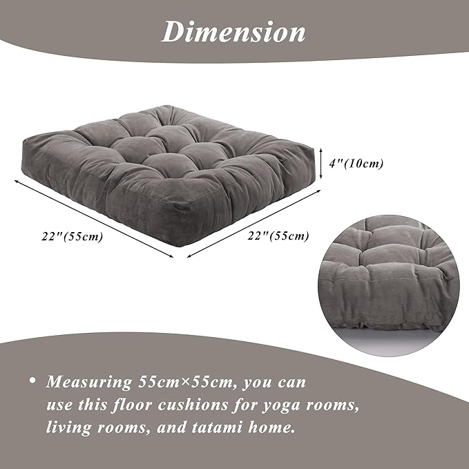 FlyGulls Meditation Floor Pillow 22×22 Inch 2 Pack Large Floor Cushions for Adults Square Tufted Corduroy Floor Pillows for Yoga Living Tatami Room Grey