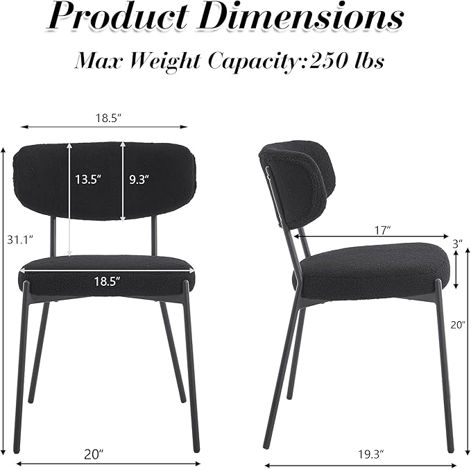 KCC Boucle Dining Chairs Set of 4, Modern Mid-Century Upholstered Stylish Kitchen Chairs Sherpa Accent Diner Chairs with Metal Legs and Curved Back for Kitchen, Dining Room(Black)