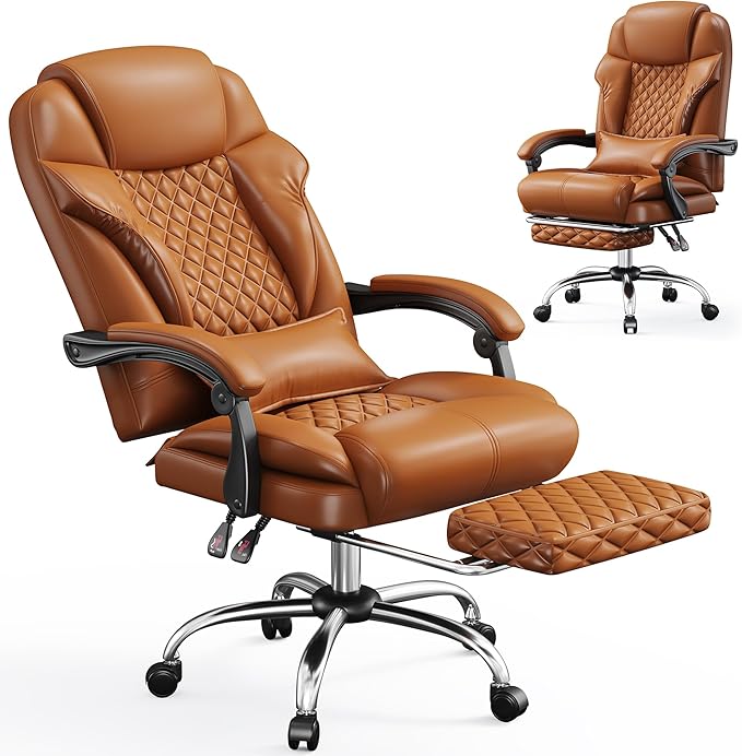 DurayLoly Big and Tall Office Chair 400lbs - Executive Ergonomic Desk Chair with Footrest, High Back Reclining Leather Chair with Lumbar Support for Home Office Brown