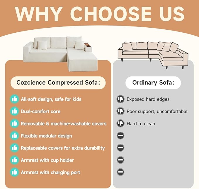 Modular Sectional Sofa Cloud Couch with Multi-Functional Armrests, Boneless Plush L-Shape Living Room Couch with Deep Seat, Fluffy Comfy Sleeper Sofa Easy Assembly (Beige, Left Chaise)