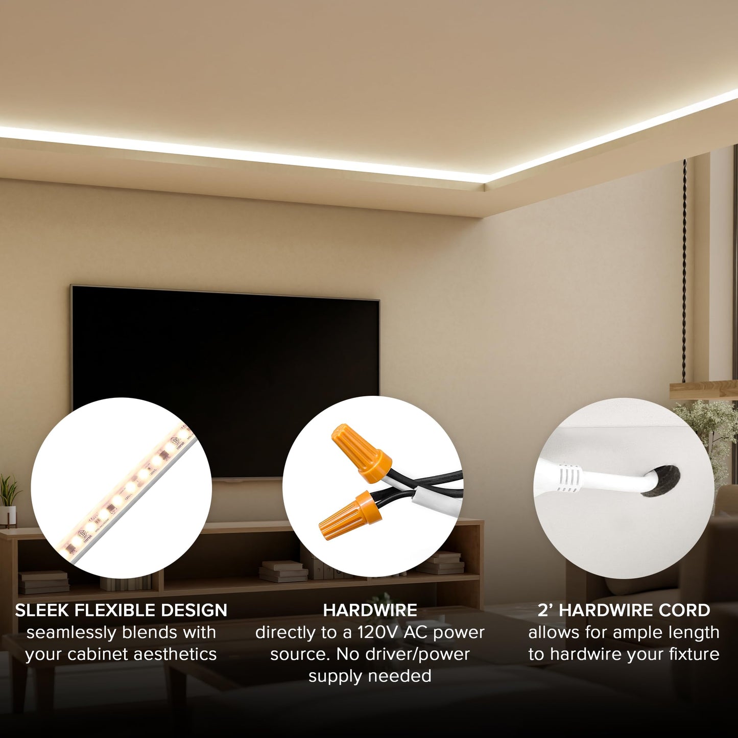 Maxxima 84 in. Hardwired LED Under Cabinet Strip Light, 3220 Lumens, 3000K Warm White, Kitchen and Living Room 120V White Cove Lighting, No Power Supply Needed