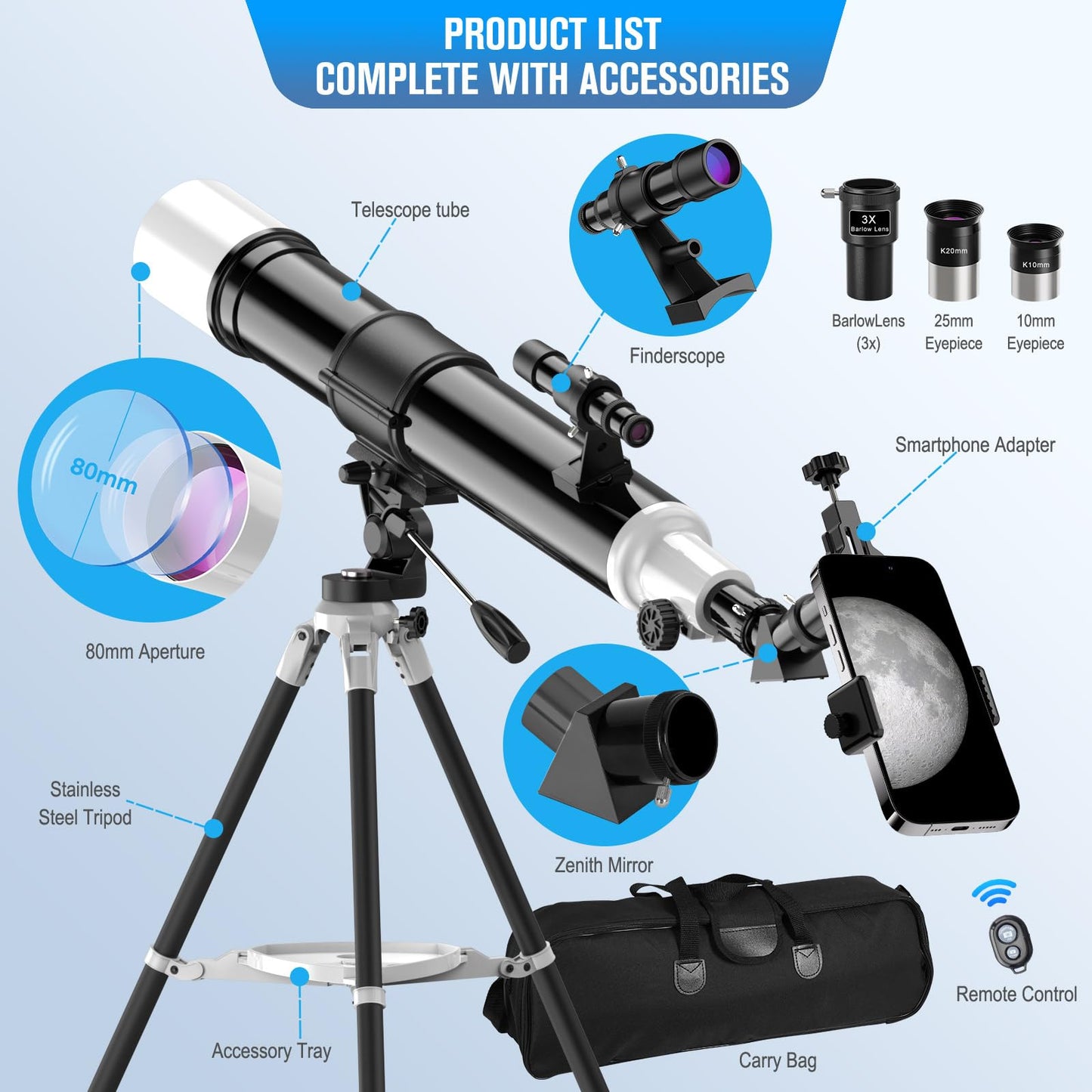 FlyGala Telescope for Adults High Powered Astronomical,80mm Aperture 900mm Professional Refractor Telescopes for Astronomy Beginners 36-270X FMC with AZ Mount Tripod,Carrying Bag,Phone Adapter