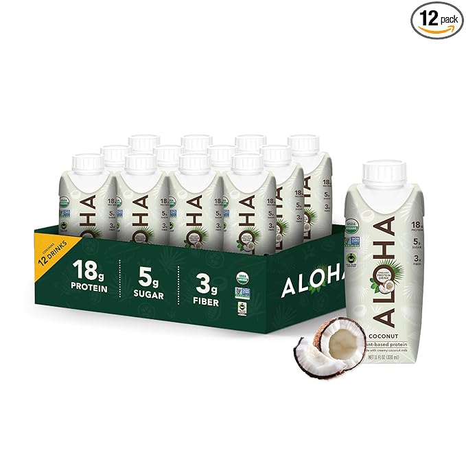 ALOHA Organic Plant-Based Protein Drink – Coconut Flavor | 18g Protein, 5g Sugar, 3g Fiber | Made with Creamy Coconut Mil...