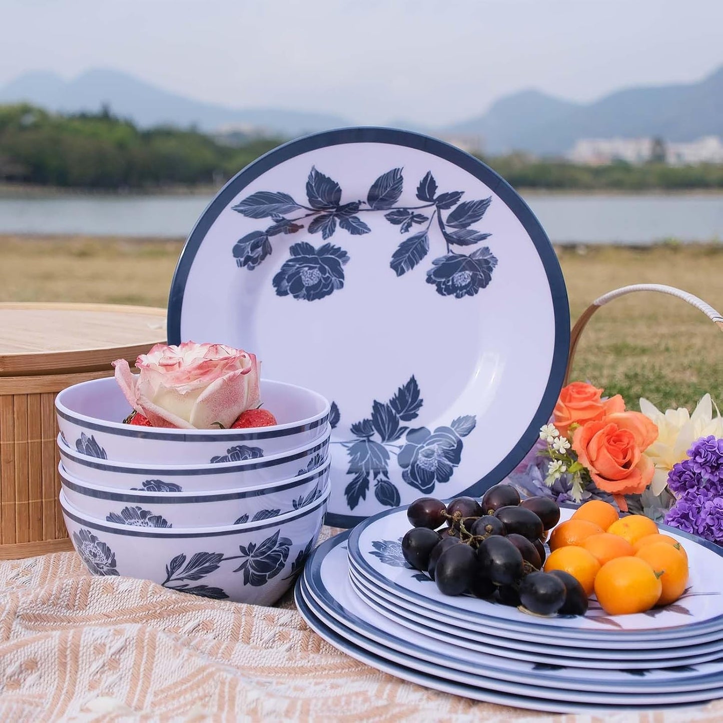 Melamine Dinnerware Set 12-Piece for 4 Dish Set Plates Bowls Unbreakable Dishware for Indoor Outdoor Use Lightweight Durable for Camping Picnics Parties Dark blue