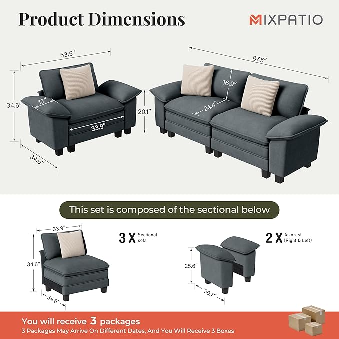 MIXPATIO L-Shaped Cloud Modular Sofa Set with Chaise, Deep Seat 3-Piece Sectional & Removable Arms, Plush Chenille for Living Room - Cyan