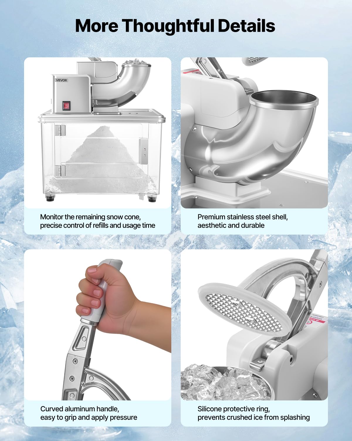 VEVOR Commercial Ice Crusher 661LBS/H, 350W Electric Snow Cone Machine with 4 Blades, 1400RPM Stainless Steel Shaved Ice Machine with 11 Gal Crushed-Ice Box, for Family Restaurants Bars, White