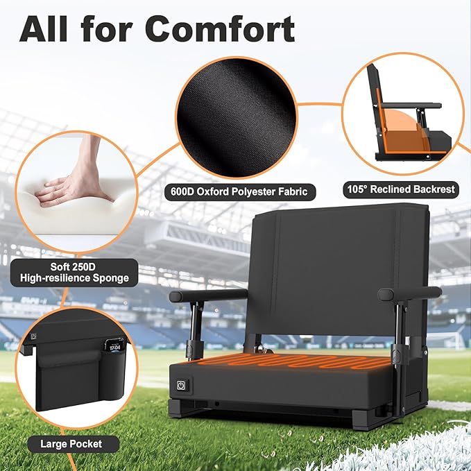 HOPERAN Heated Stadium Seats for Bleachers with Back Support - 3 Levels Heating Bleacher Chairs with Back and Cushion with Armrest, Thick Padded Bleacher Seats, Stadium Chair with Shoulder Strap