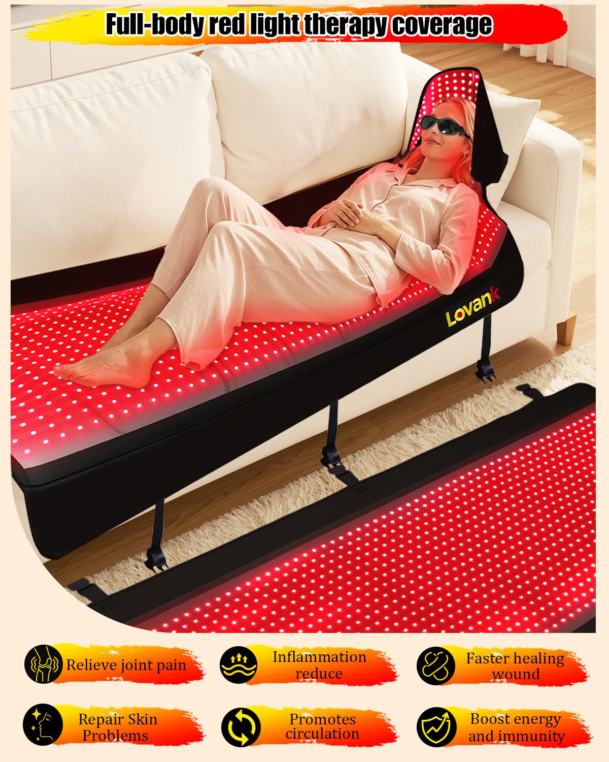 Lovank Red Light Therapy Mat for Full Body — 81"x33" Infrared Red Light Mat with 2,710 (660nm & 850nm) LEDs for Home Use