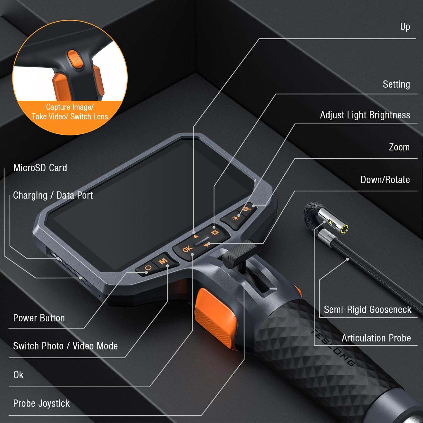 Articulating Borescope with Dual Lens Endoscope Camera, Teslong Two-Way Articulated Industrial Inspection Camera with LED Light, Flexible Mechanic Fiber Optic Snake Scope Cam for Wall Automotive-5FT