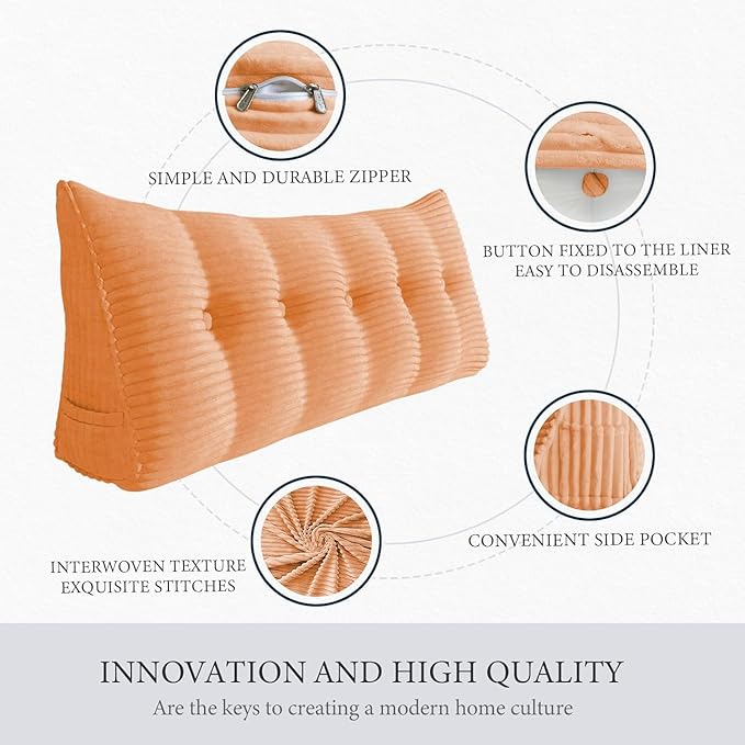 Wedge Headboard Pillow Dorm Room Reading Pillow Back Support for Sitting Up in Bed Bolster Lumbar Cushion Body Positioning Bedrest Corduroy (Peachy, King (76 * 8 * 20in))