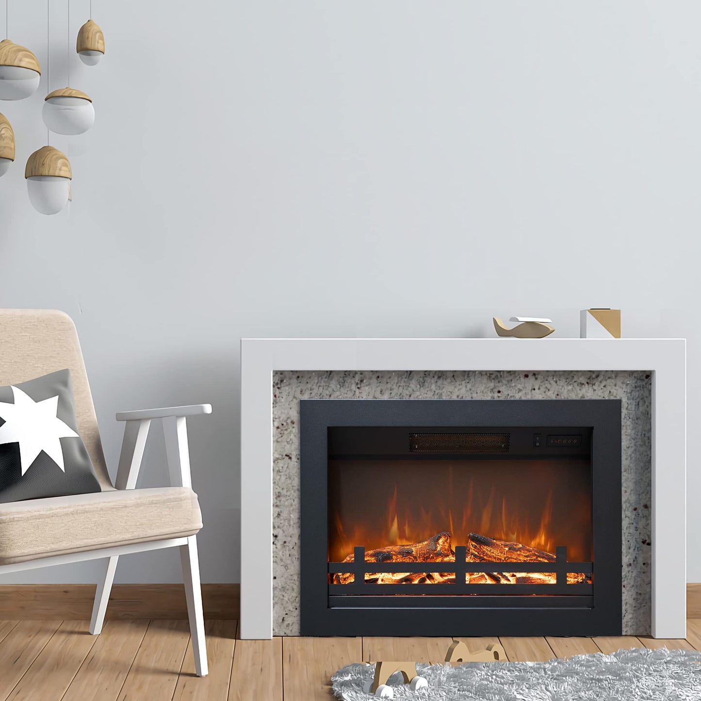 Rodalflame 23.7" W Electric Fireplace Insert with 4 Adjustable Brightness Flames & Overheat Protection, 750/1500W, Black