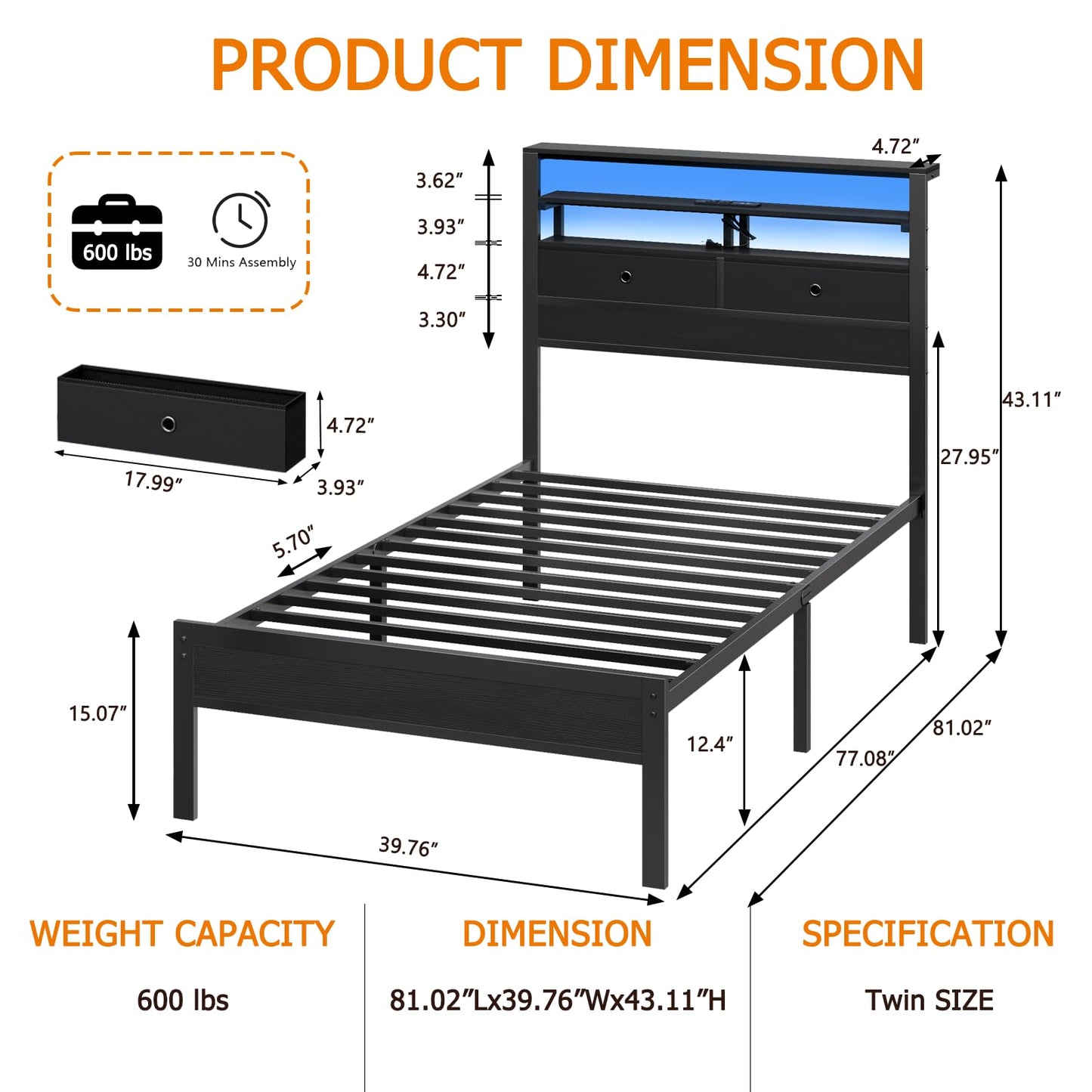 Furnulem Twin Bed Frames with Charging Station and LED Lights, Wood Headboard with 2 Fabric Drawers and Storage Shelves, Twin Size Platform Bed with Metal Slats, No Box Spring Needed, Black Oak
