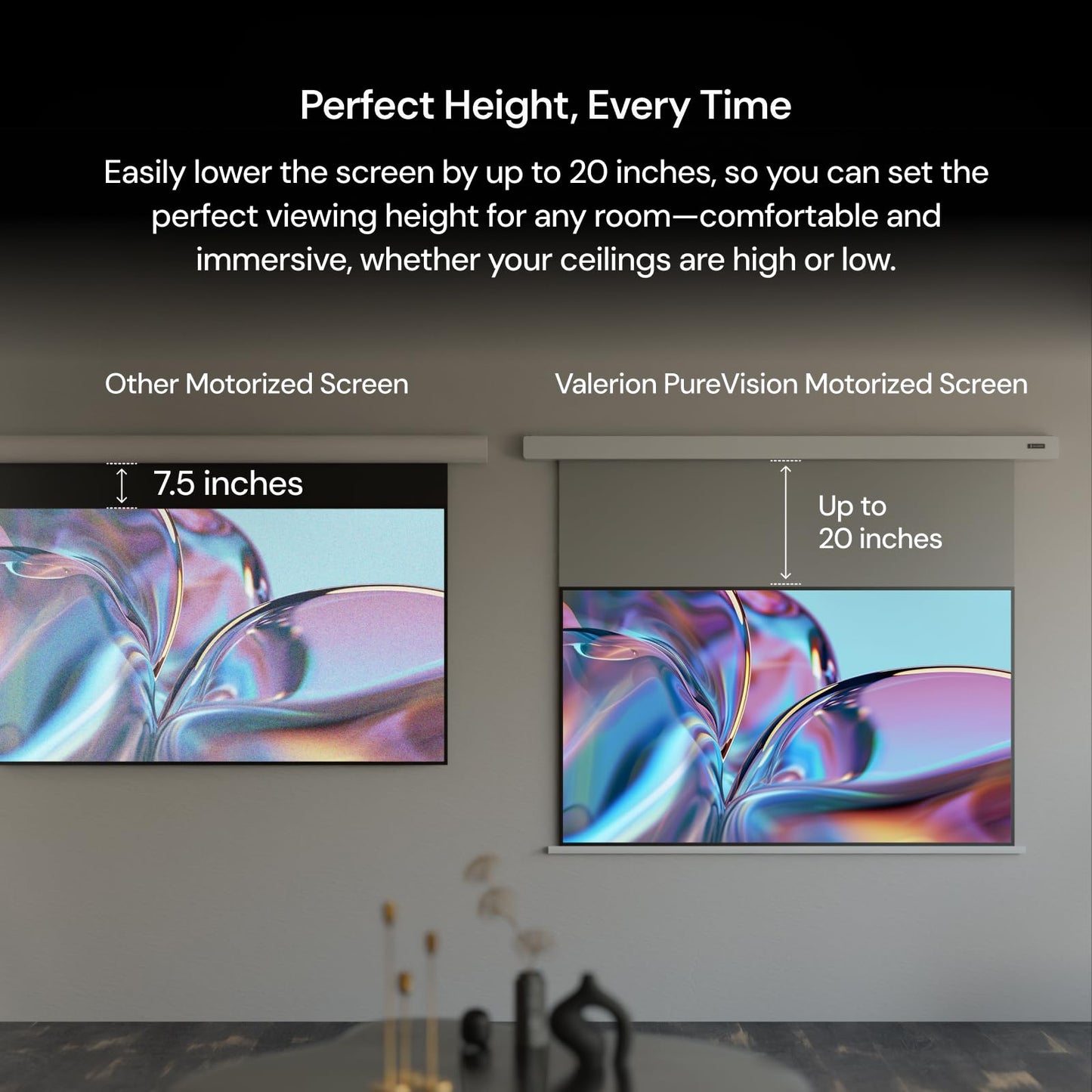 Valerion 100" PureVision Motorized Projector Screen, Laser Speckle Reduction, Auto-Sync with Projector, 4K/8K UHD Ready, 20" Adjustable Drop, Black Backing for Enhanced Contrast, Long Throw Only