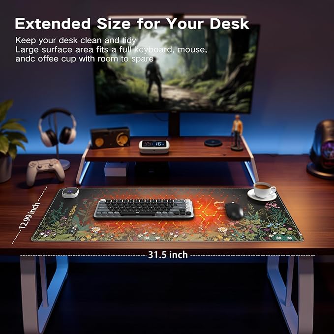 iCasso Heated Mouse Pad, XL Big Aesthetic Desk Pad with 4 Heating Levels & 4 Auto Shut-Off Levels for Computer Keyboard, 31.5" x 13" Large Safe Desk Mat Hand Warmer for Home Office Work (Weeds)