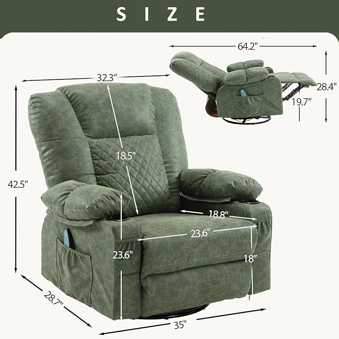 Comermax Massage Recliner Chair with Heat, 360° Swivel Rocker Recliner Chair with Cup Holders, 150° Recline PU Leather Recliner for Living Room, Dark Green
