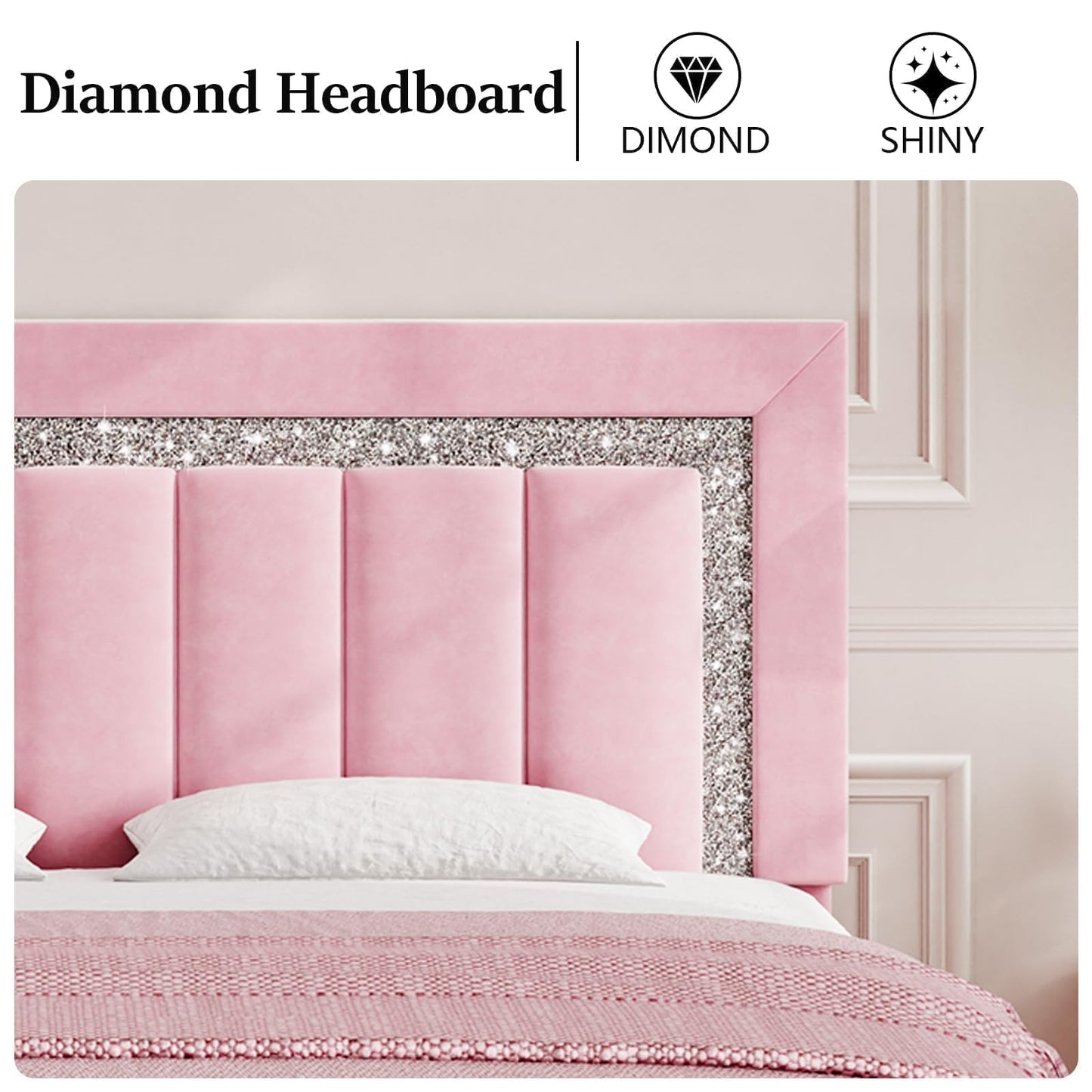 Queen Bed Frame with Headboard, Pink Velvet Upholstered Bed Frame with Diamond Footboard, Soft Bed Frames, Vertical Channel Tufted Design, No Box Spring Needed, Easy Assembly, Pink