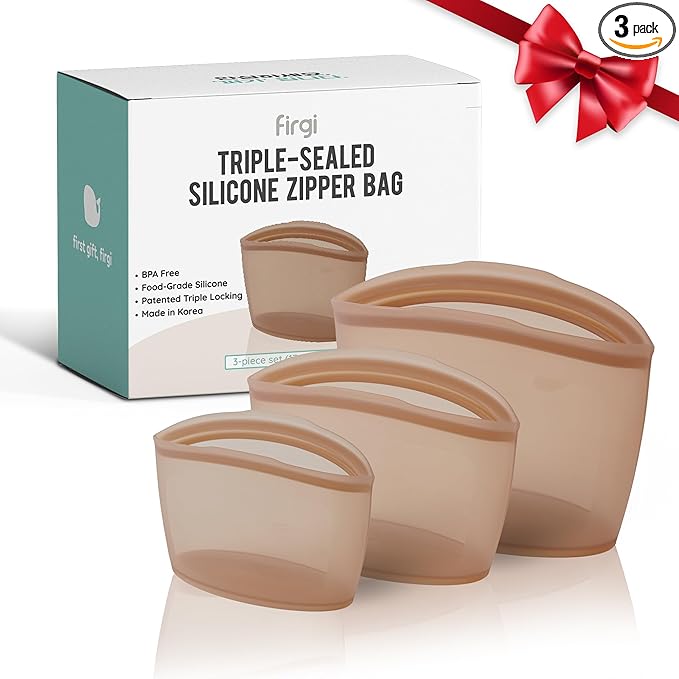 Premium Platinum Silicone Reusable Food Storage Bags 3-Pack (17 fl oz + 29 fl oz + 51 fl oz), Airtight Zip Lock Bags for Food, BPA-Free Silicone Freezer Bags, Brown
