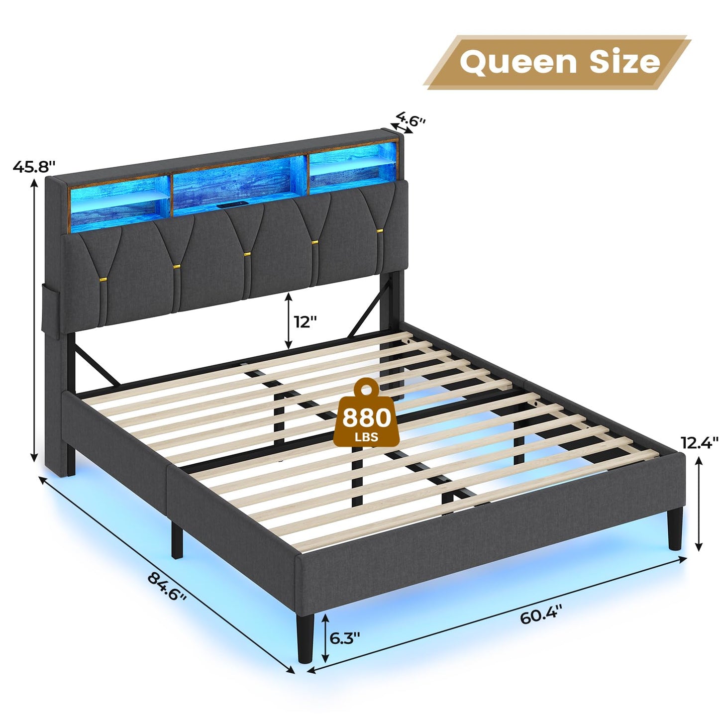 BTHFST Queen Bed Frame with Outlets and USB Ports, LED Bed Frame Queen Size with Storage Headboard, Upholstered Platform Bed with Shelf and LED Lights, No Box Spring Needed, Dark Grey