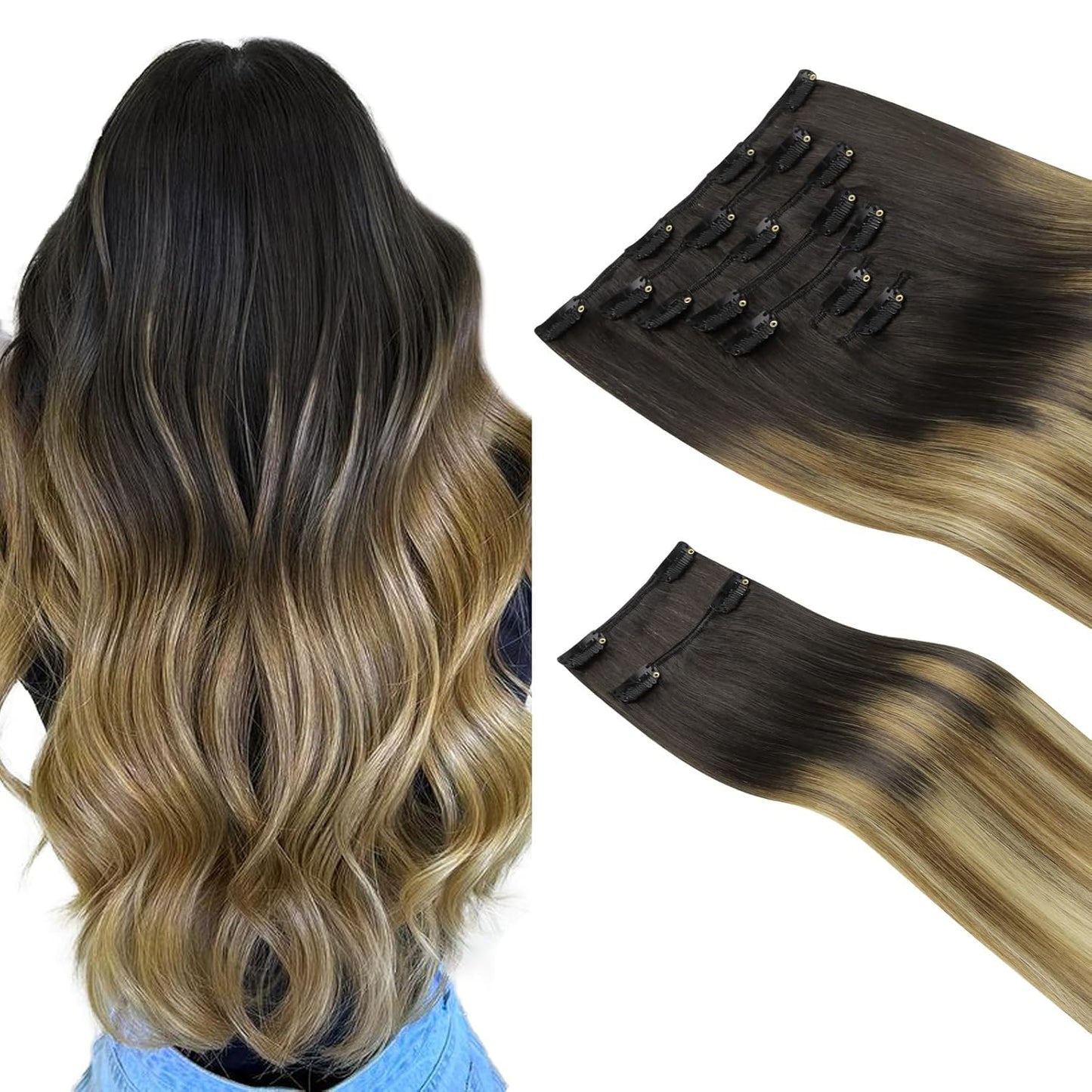 HOTBANANA Clip in Hair Extensions Real Human Hair, 150g 9pcs 24 inch Balayage Ombre Brown to Dirty Blonde Straight Remy Clip in