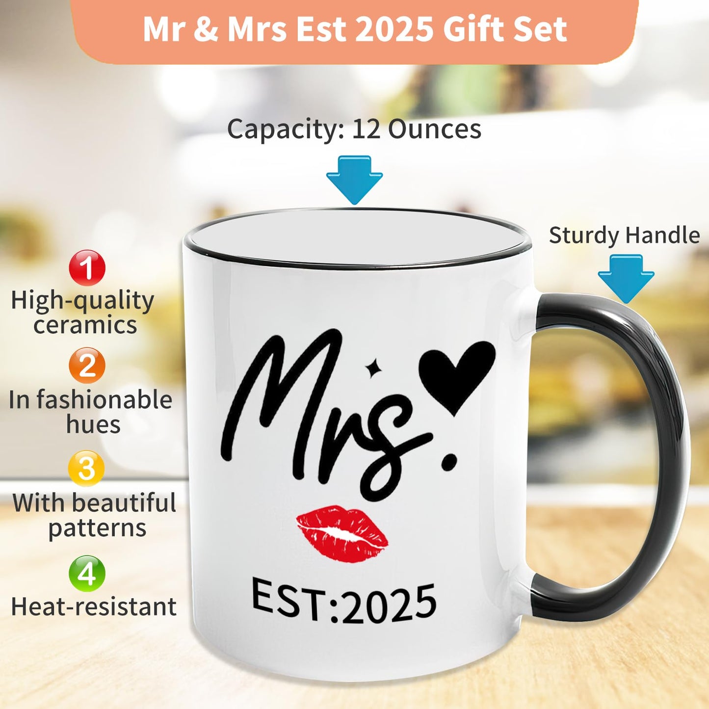 EST 2025 Mr and Mrs Gifts Valentine Wedding Gifts for Couples 2025 Ceramic Cups and Aprons Engagement Party Gift for Couples