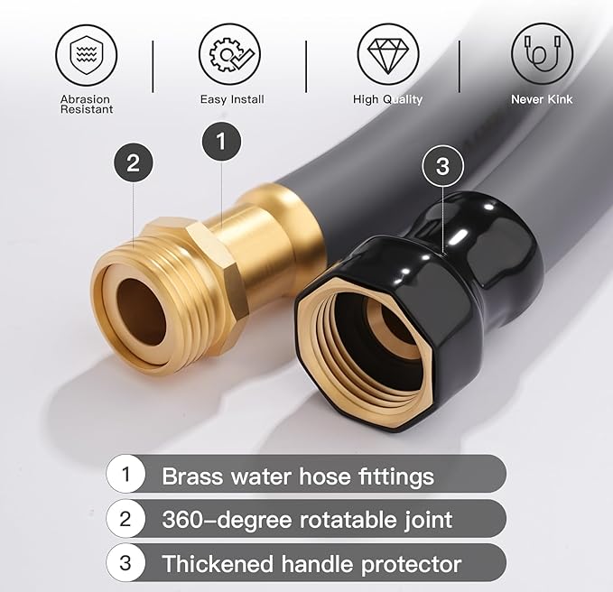 Garden Hose 5/8" x 10ft Brass Rubber Heavy Duty Water Hose 600 PSI Burst Pressure, Durable Flexible Hose for Yard, Car Wash, Pets Gray