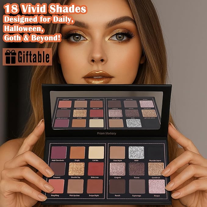 Prism Makeup Matte Eyeshadow Palette Pro 18 Colors Pigmented Shimmer Glitter Eye Shadow Palette, Long Lasting Waterproof Smokey Powder Cosmetics Halloween Makeup Kit (01# Seductress)