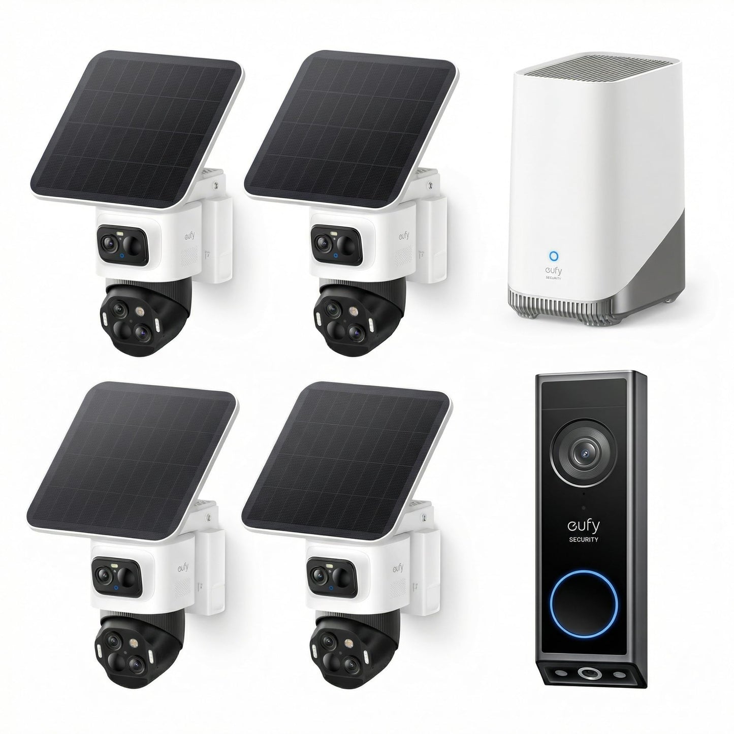 eufy Security eufyCam S4 4-Cam Kit with Video Doorbell E340, 4K Solar Camera Wireless Outdoor, 3-Lens PTZ Cam, 360° View, Whole-Home Coverage, AI Recognition, 8X Zoom, No Monthly Fee, Local Storage