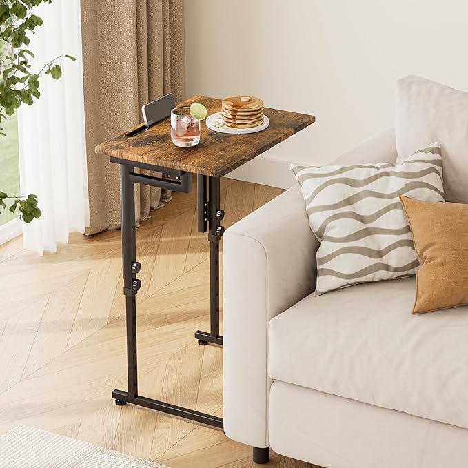 Fleecy day Adjustable Folding TV Tray Table,TV Dinner Small Foldable C-Shaped End Table for Eating,6 Height Adjustable Slide Under Couch Side with Sturdy MDF Top,No Assembly(Brown)