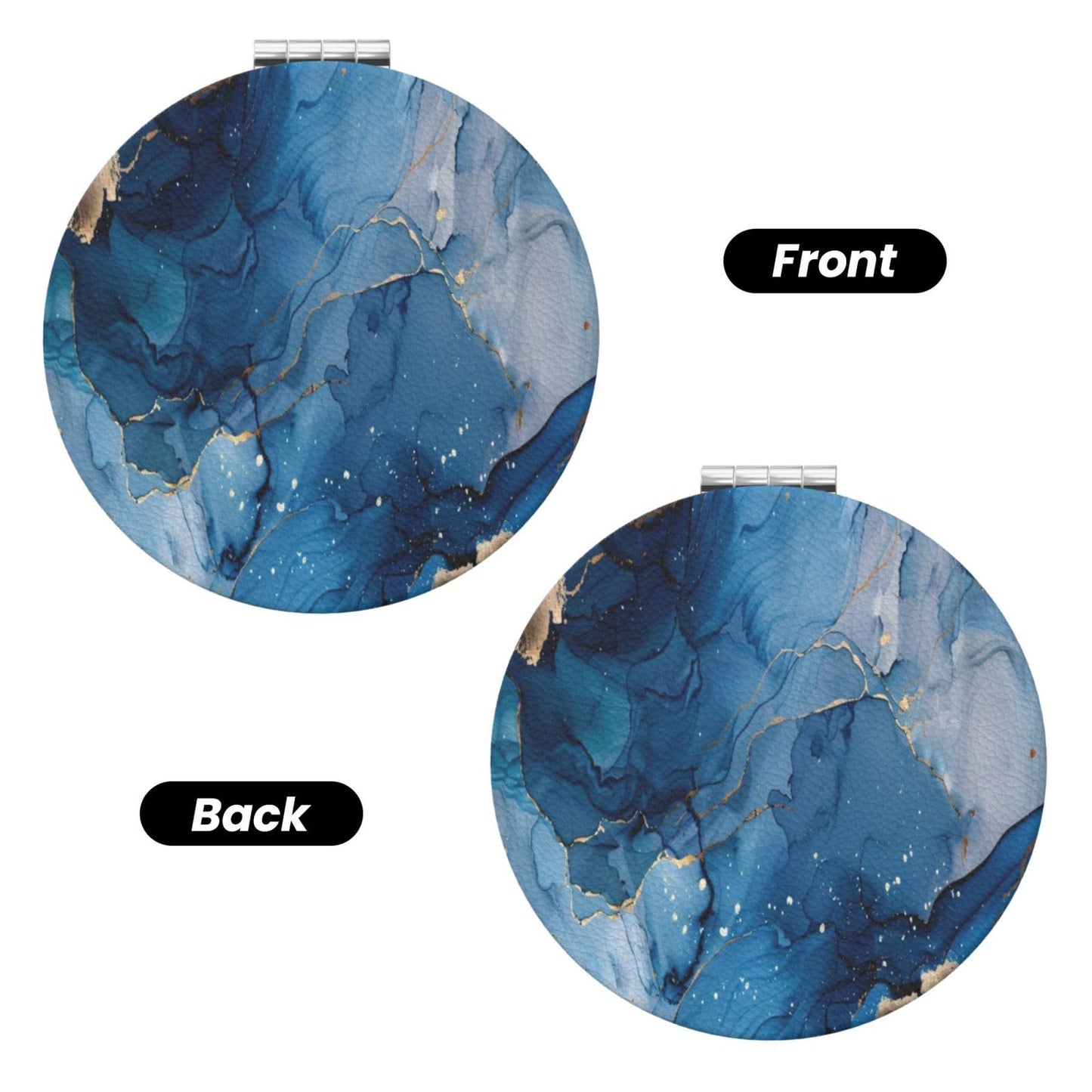 keluki Navy Blue Gold Marble Agate Style Print Foldable Travel Pocket Mirror Round PU Leather Portable Mini Makeup Double Sided