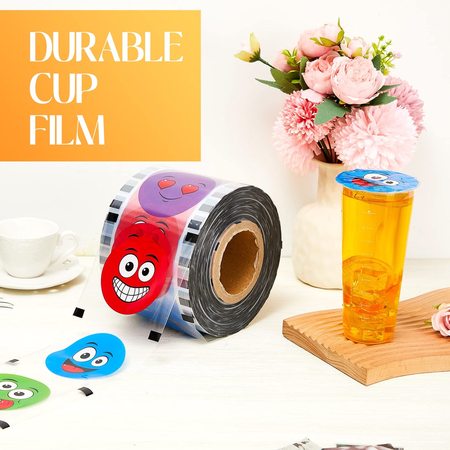 Henoyso 1 Roll Cup Sealer Film for Sealing Machine 90-105 mm 3200 Cups Bubble Tea Sealer Film for 16 oz Plastic Cups for Bubble Tea, Water, Coffee, Juice, Soda(Vibrant Color,Smile Face Style)