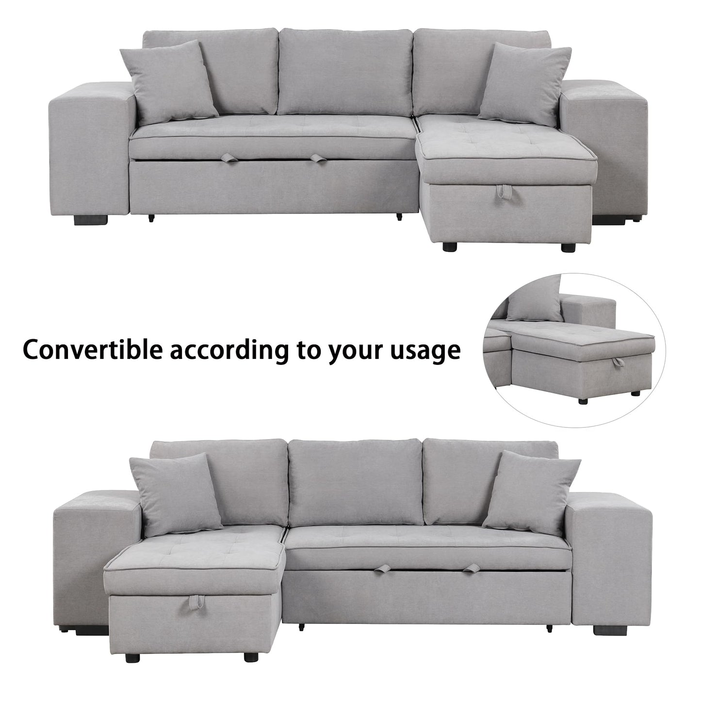 Eafurn 104.5" Reversible Sleeper Sectional Sofa Bed, Tufted L Shaped Convertible Pull Out Sectional Sofa Bed with Storage Chaise Lounge and 2 Stools for Living Room Apartment