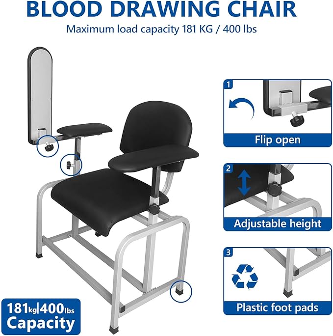 Helsevesen Blood Drawing Phlebotomy Chair, Comfortable Padded Lab Draw Chair with Adjustable Armrest (Black)