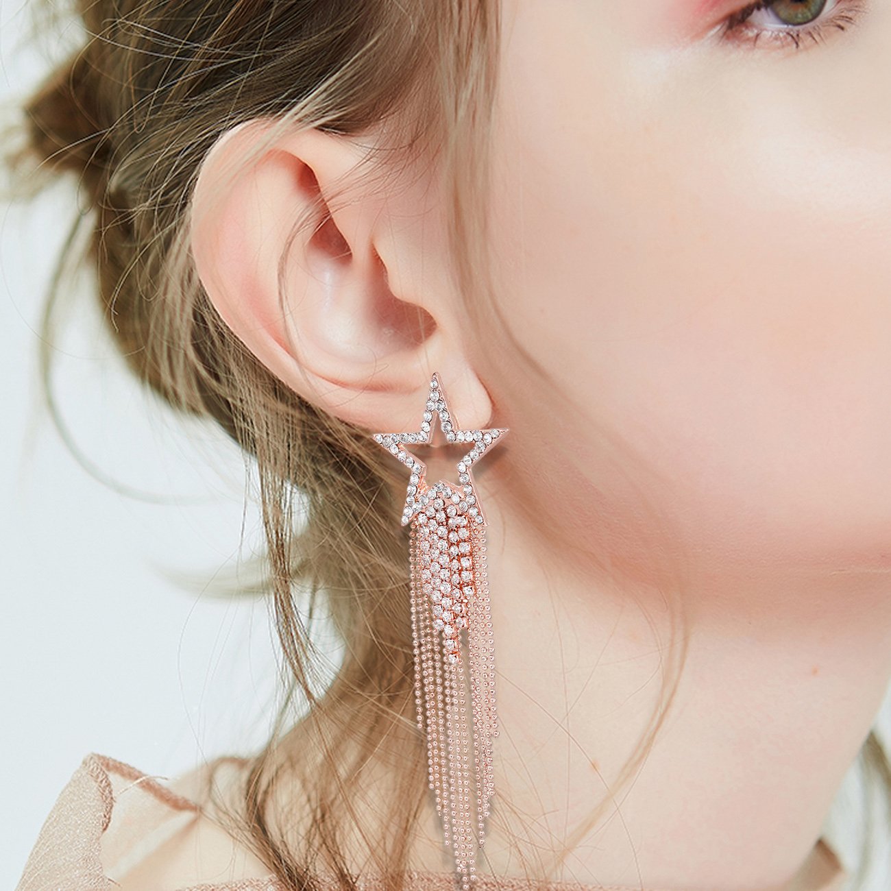 Womens Tassel Earrings Star Ear Stud Pave Crystal Dangle Earrings Boho Waterfall Beaded Fringe Drop Earring (rose)