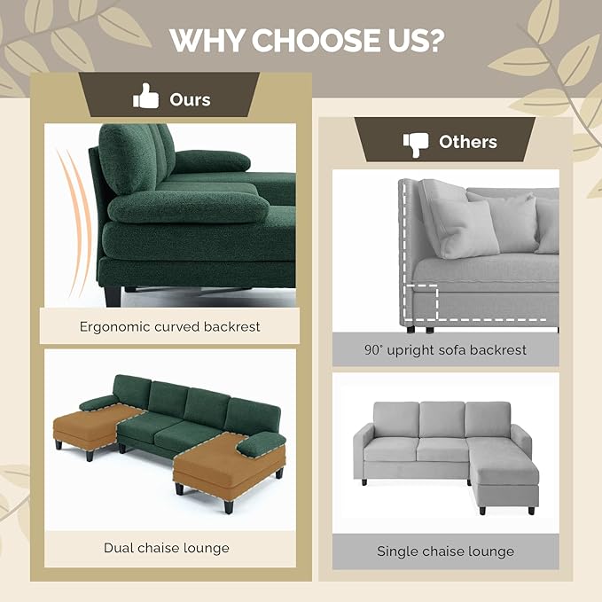 VINGLI 110' U-Shaped Sectional Couch with Two Chaise, Affordable Small Sofa with 4 Seats, Chenille Fabric Comfy Couches for Living Room, Dark Green