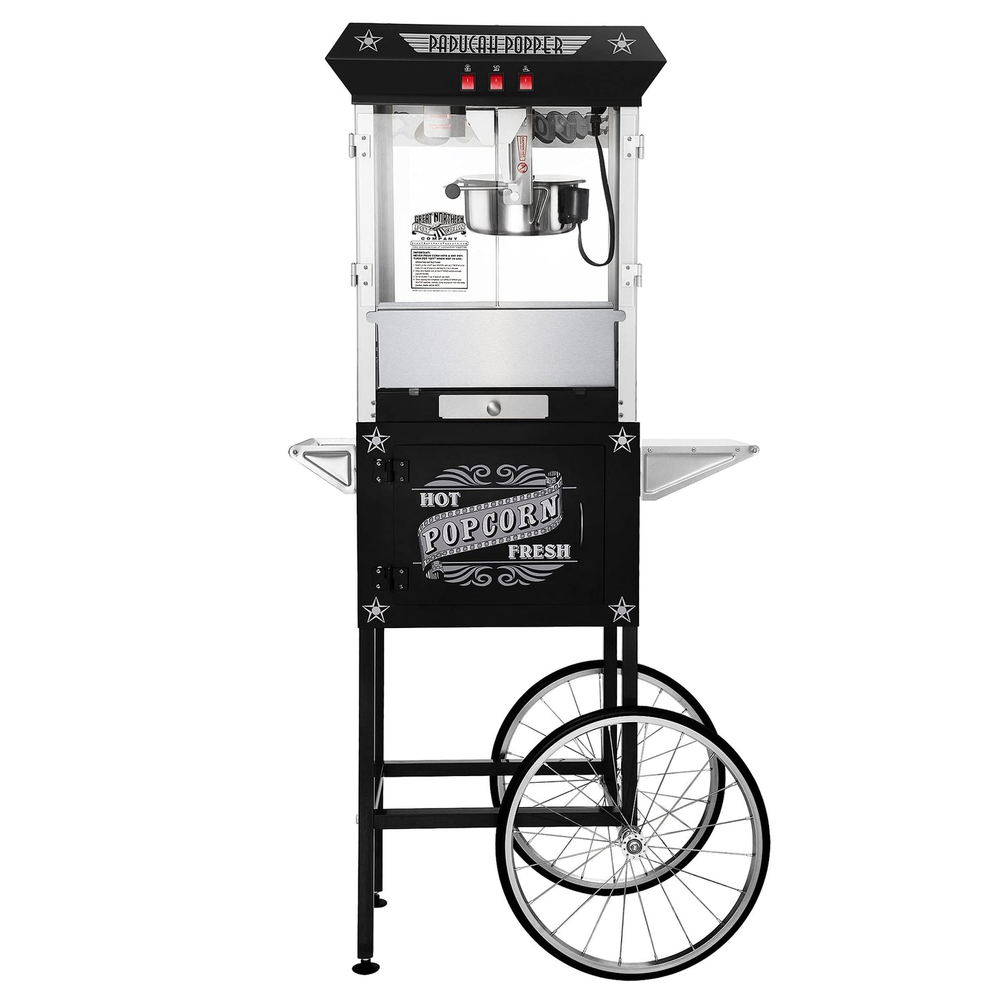 Paducah Popcorn Machine - 3-Gallon Antique Popper with Cart, 8oz Kettle, Old Maids Drawer, Warming Tray, and Scoop by Great Northern Popcorn (Black)
