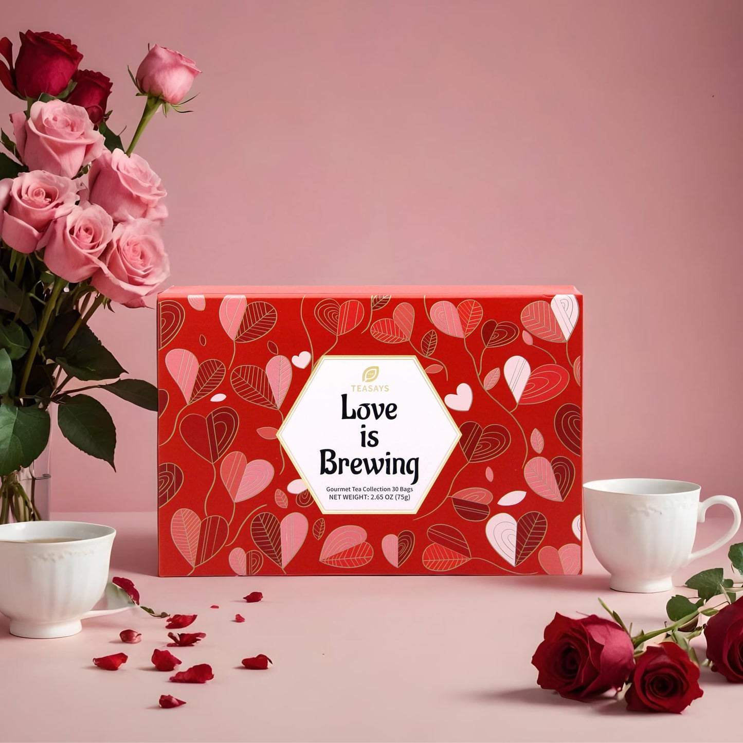 Love Is Brewing Tea Set by TEASAYS, Romantic Gift with Love Messages, 30 Premium Whole Leaf Tea Bags, Tea Sampler for Her, Him, Girlfriend, Boyfriend, Wife, Husband, Partner, Valentine, Date, Anniversary
