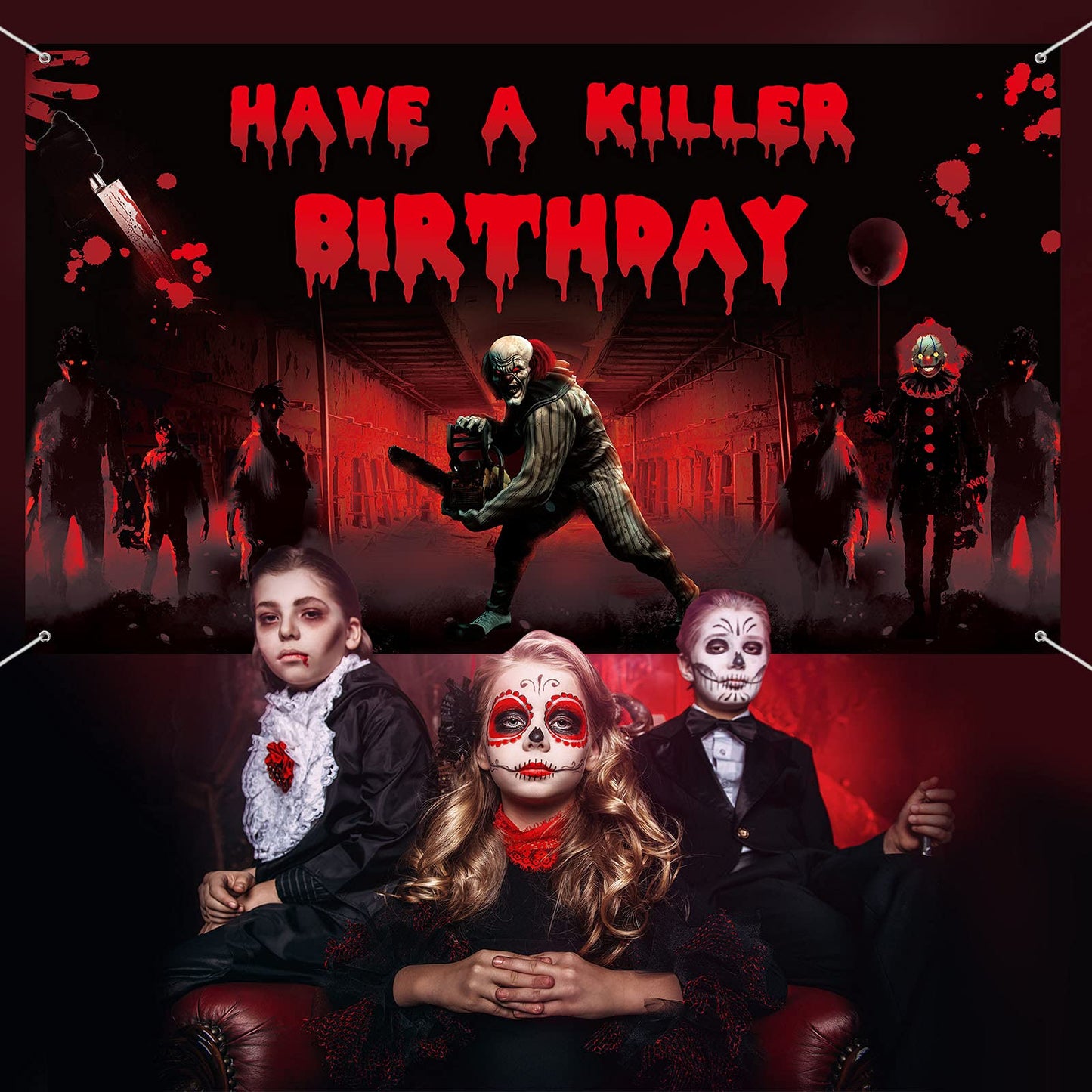 Irenare Killer Birthday Party Backdrop Banner - Crime Scene Decor, Horror Movie Background, 72.8 x 43.3 Inch Scary Bloody Banner for Creepy Movie Chainsaw Clown Spooky Props