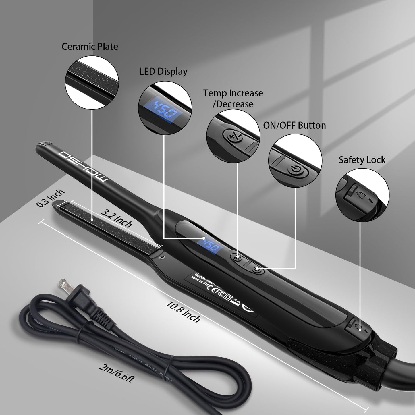 DSHOW Pencil Flat Iron, 3/10  Small Flat Irons for Short Hair, Pixie Cut and Bangs,Tourmaline Ceramic Mini Hair Straightener for