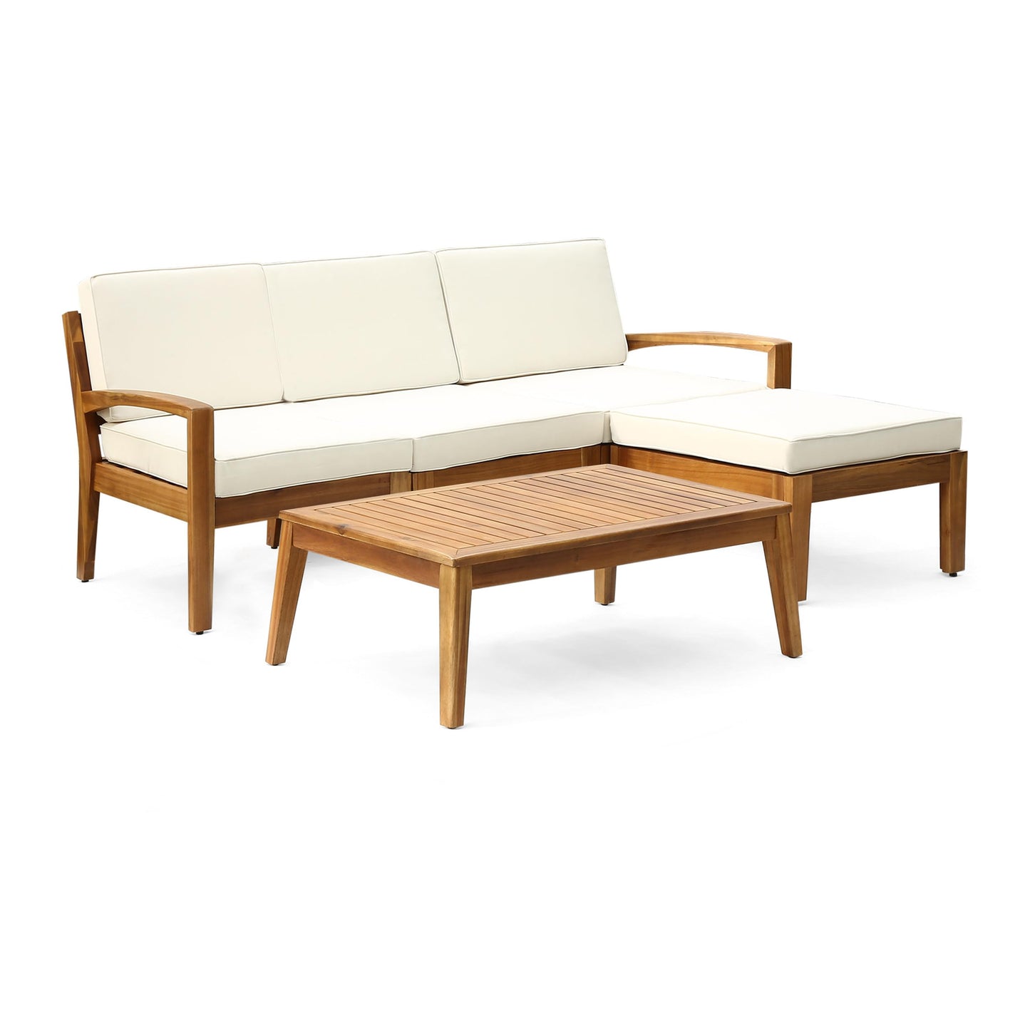 Merax 5-Piece Patio Furniture Set, Acacia Wood Outdoor Sectional Sofa with Ottoman & Coffee Table, Water-Resistant Cushions, Couch for Backyard, Deck, Garden, Teak + Beige