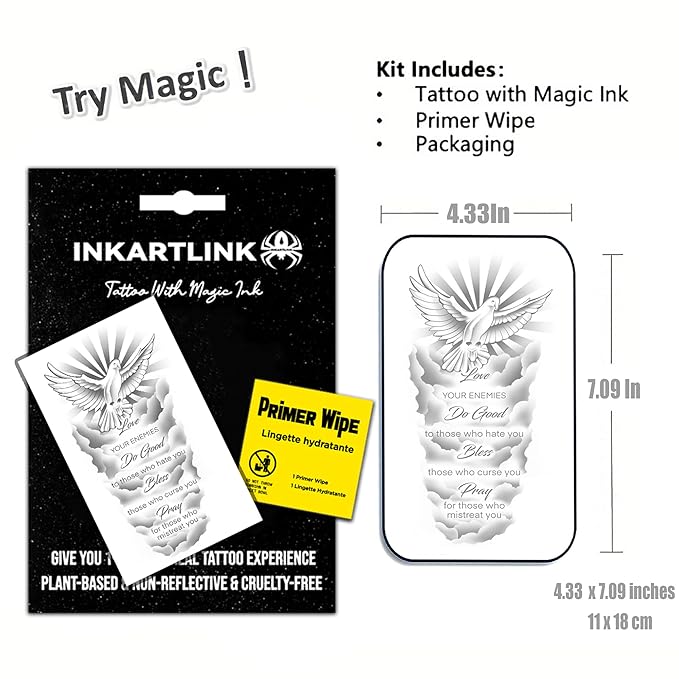 INKARTLINK Semi Permanent Tattoo, Temporary Tattoo, party tattoo, beautiful and realistic design, fun tattoo experience, cruelty-free, non-reflective, waterproof (Peace Dove)