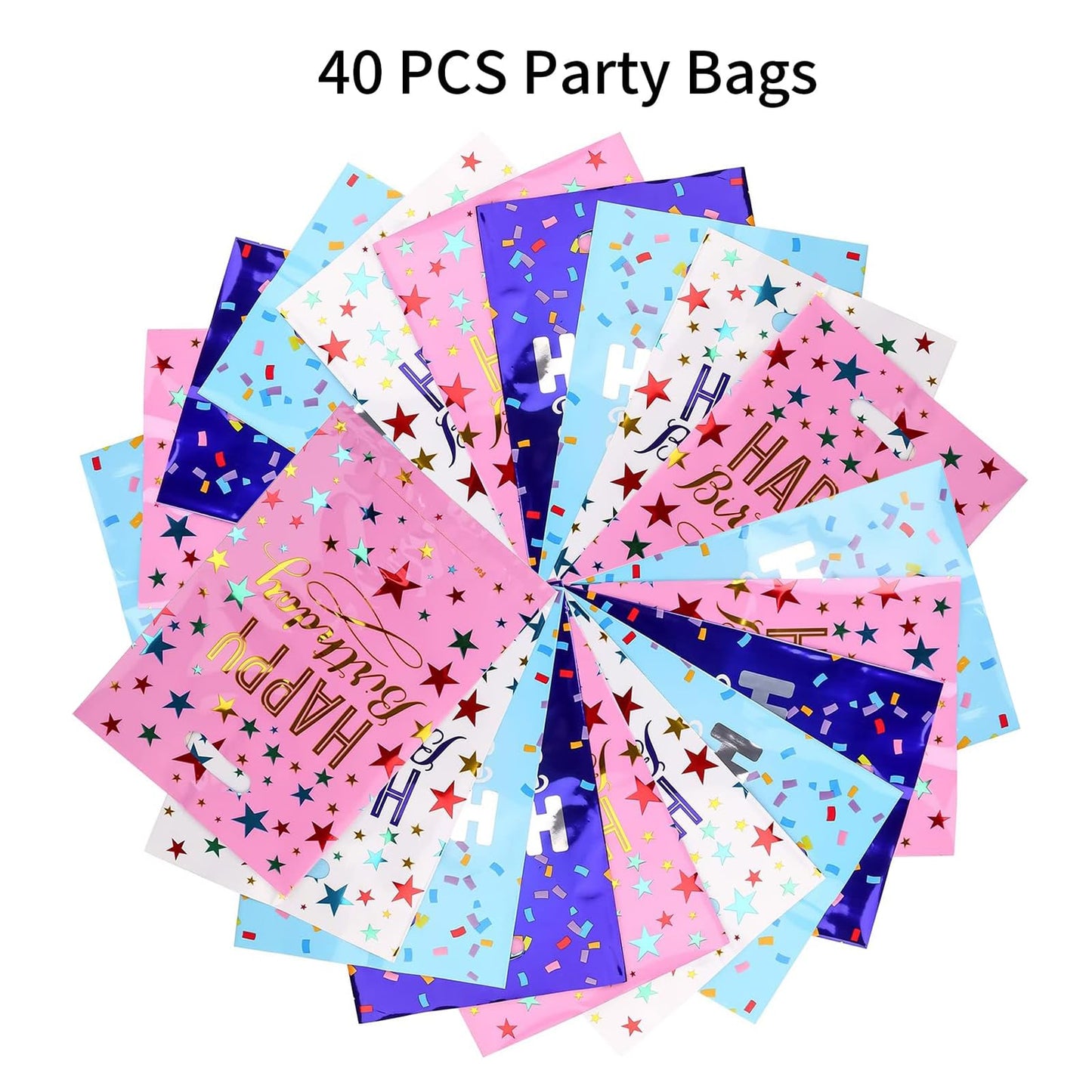 PintreeLand 6.7 * 9.8inch Happy Birthday Party Favor Bags 40 PCS, Plastic Goodies Loot Gift Bags Bulk for Kids Baby Girls & Boys Birthday Party Supples (B Style 40 Packs)