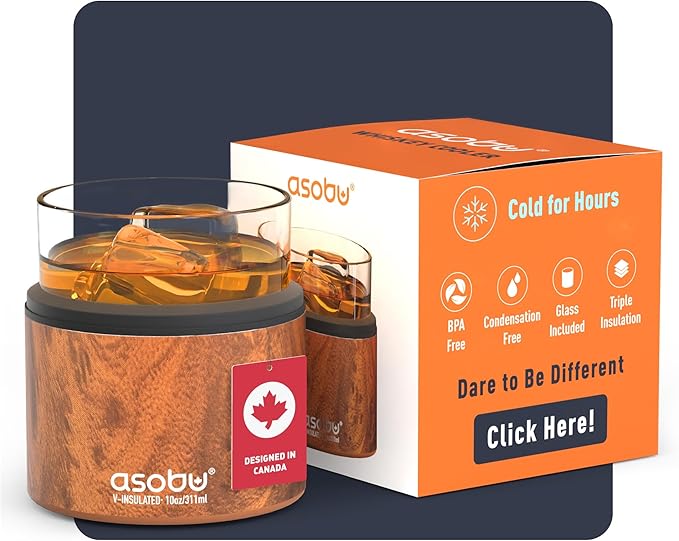 asobu Whiskey Sleeve Glass – Insulated Bourbon Tumbler with Premium Rocks Glass, BPA-Free, Double-Wall Stainless Steel, Ke...