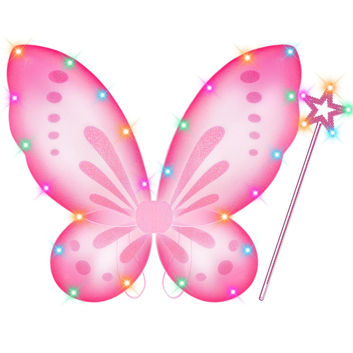 DUDUCOFU Girls Fairy Butterfly Wings with LED Light, Fairy Wings Light Up Star Wands for Girls Kids Women Halloween Dress Up (Pink)